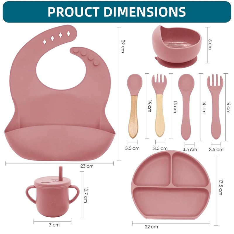 Dormlony 100% Silicone Baby Feeding Set,BPA Free Baby Dishes Set with Suction Bowl Divided Plate,Toddler Self Feeding Dish Set with Spoons Forks Sippy Cup and Bib, Baby Eating Utensils (Coral) - Image 3